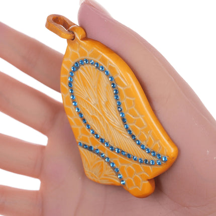 c1940's carved Butterscotch bakelite jeweled pendant - Estate Fresh Austin