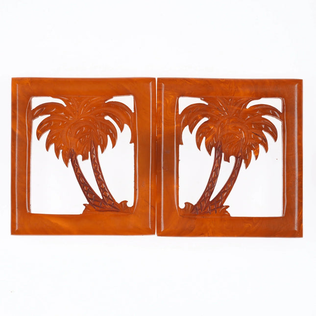 c1940's carved Butterscotch bakelite palm trees belt buckle set - Estate Fresh Austin