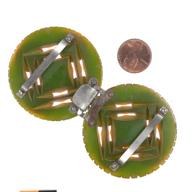 c1940's Deep carved Green bakelite belt buckle set - Estate Fresh Austin