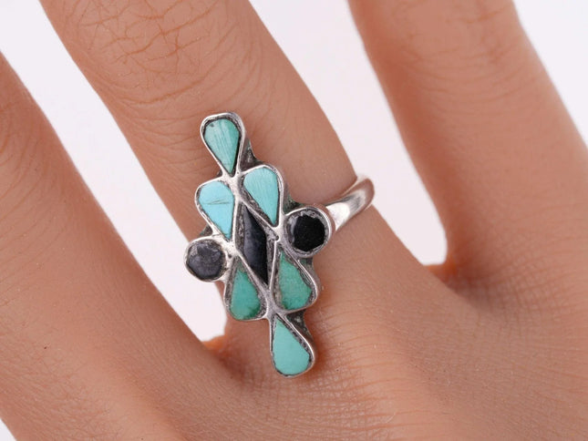 c1940's Extra Special Dishta Style Zuni turquoise and jet ring - Estate Fresh Austin