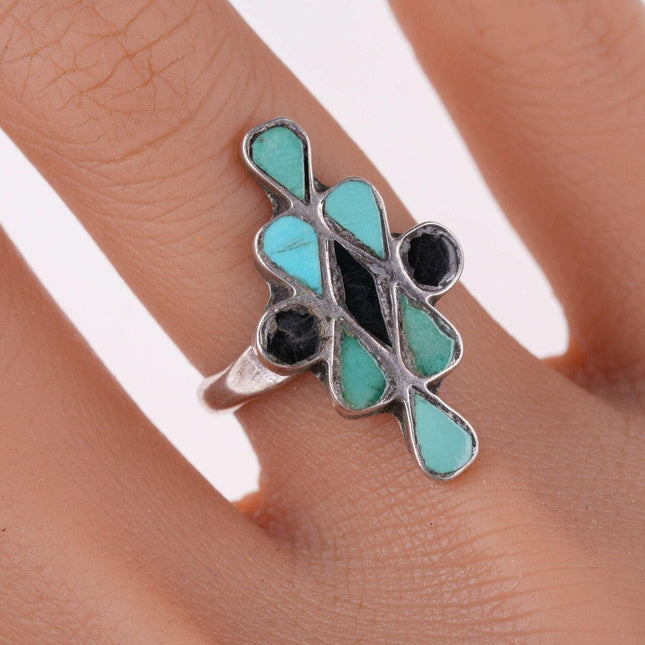 c1940's Extra Special Dishta Style Zuni turquoise and jet ring - Estate Fresh Austin