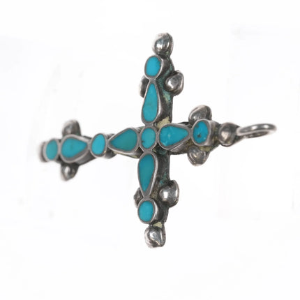 c1940's Frank Dishta Zuni silver Cross pendant flush inlay turquoise - Estate Fresh Austin