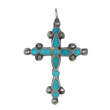 c1940's Frank Dishta Zuni silver Cross pendant flush inlay turquoise - Estate Fresh Austin