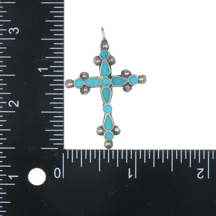 c1940's Frank Dishta Zuni silver Cross pendant flush inlay turquoise - Estate Fresh Austin