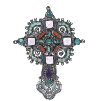 c1940's Matl Cross pendant Sterling Turquoise Amethyst and coral - Estate Fresh Austin