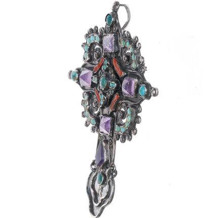 c1940's Matl Cross pendant Sterling Turquoise Amethyst and coral - Estate Fresh Austin