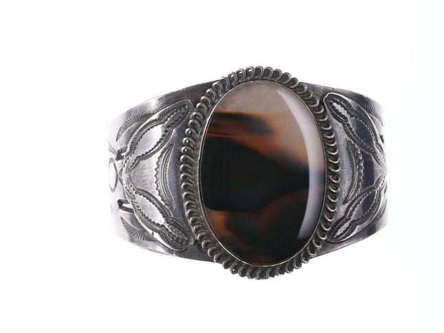 c1940's Native American Heavy stamped silver Agate cuff bracelet - Estate Fresh Austin