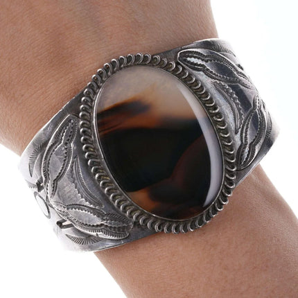 c1940's Native American Heavy stamped silver Agate cuff bracelet - Estate Fresh Austin