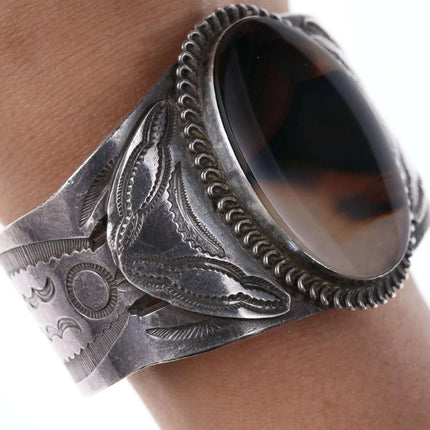 c1940's Native American Heavy stamped silver Agate cuff bracelet - Estate Fresh Austin