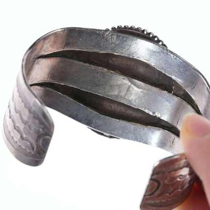 c1940's Native American Heavy stamped silver Agate cuff bracelet - Estate Fresh Austin