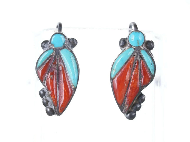 c1940's Native American Sterling turquoise/coral channel inlay screw back earrin - Estate Fresh Austin