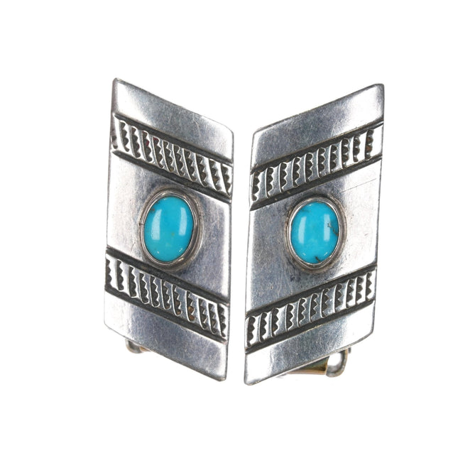 c1940's Navajo hand stamped silver clip - on earrings with turquoise - Estate Fresh Austin