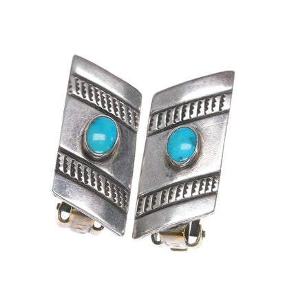 c1940's Navajo hand stamped silver clip - on earrings with turquoise - Estate Fresh Austin