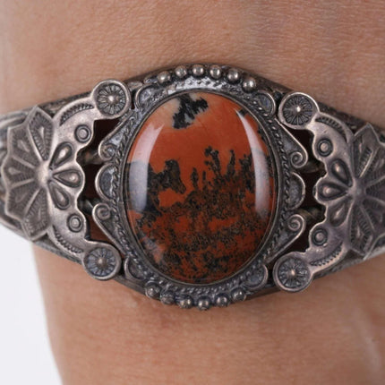 6.5" c1940's Navajo sterling Silver Petrified wood cuff bracelet - Estate Fresh Austin