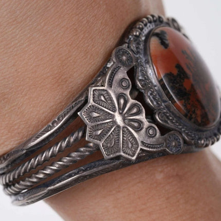 6.5" c1940's Navajo sterling Silver Petrified wood cuff bracelet - Estate Fresh Austin