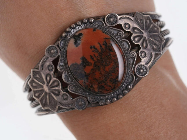 6.5" c1940's Navajo sterling Silver Petrified wood cuff bracelet - Estate Fresh Austin