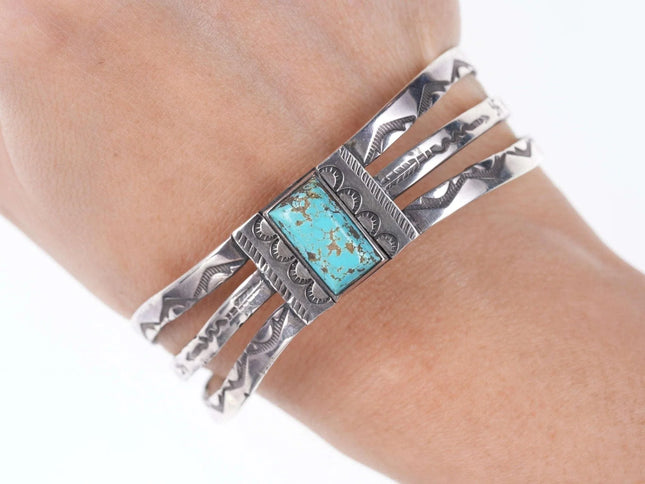 c1940's Navajo Silver Stamped cuff bracelet with whirling logs and turquoise cen - Estate Fresh Austin