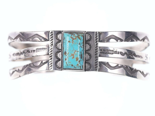 c1940's Navajo Silver Stamped cuff bracelet with whirling logs and turquoise cen - Estate Fresh Austin
