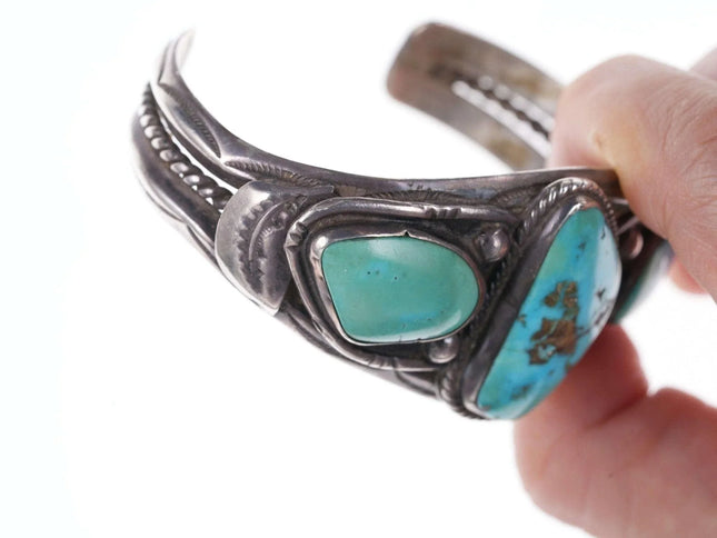 6.5" c1940's Navajo Stamped sterling silver turquoise cuff bracelet - Estate Fresh Austin