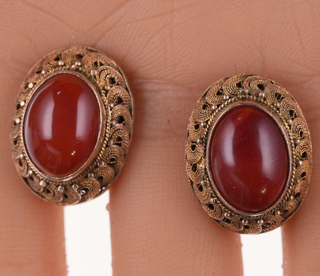 c1940's Vintage Chinese Gilt Filigree Silver Carnelian clip-on earrings - Estate Fresh Austin