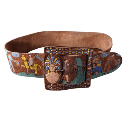 c1950 26 - 31" Leather Belt with Cowboys and Indians Native American? Ideal - Estate Fresh Austin