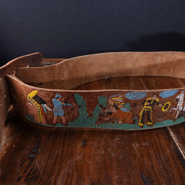 c1950 26-31" Leather Belt with Cowboys and Indians Native American? Ideal - Estate Fresh Austin