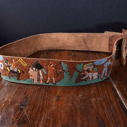 c1950 26 - 31" Leather Belt with Cowboys and Indians Native American? Ideal - Estate Fresh Austin