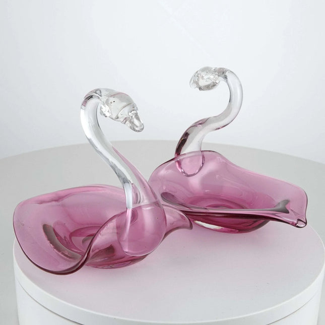 c1950 Cranberry Art Glass Swans with Ground Pontil Pair - Estate Fresh Austin