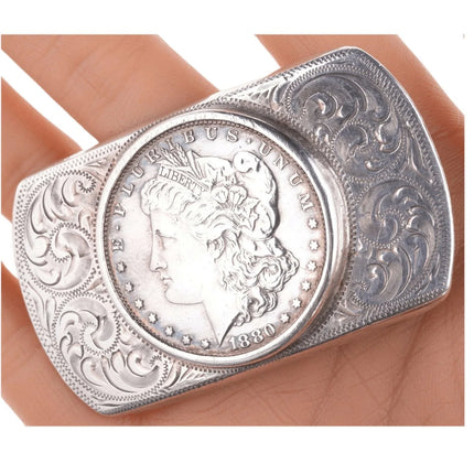 c1950 Hand engraved sterling belt buckle with 1880s Silver dollar - Estate Fresh Austin