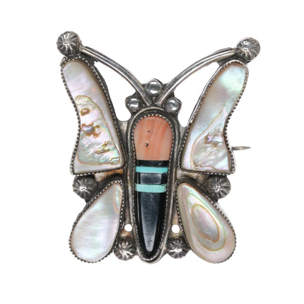 c1950 Zuni Butterfly pin, shell, coral, turquoise, jet inlay - Estate Fresh Austin
