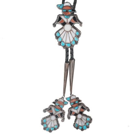 c1950 Zuni Channel inlay bolo tie with fancy dangle tips - Estate Fresh Austin