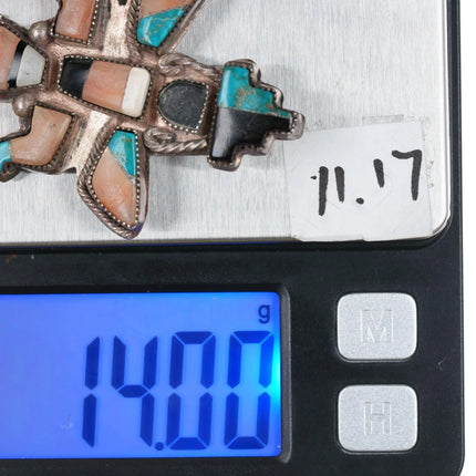 c1950 Zuni Knifewing pin turquoise, coral sterling inlay - Estate Fresh Austin