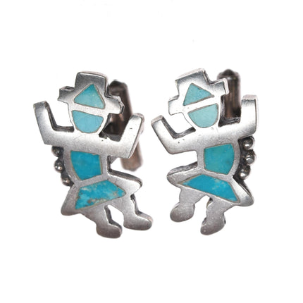 c1950 Zuni Rainbow Man sterling flush inlay turquoise cufflinks - Estate Fresh Austin