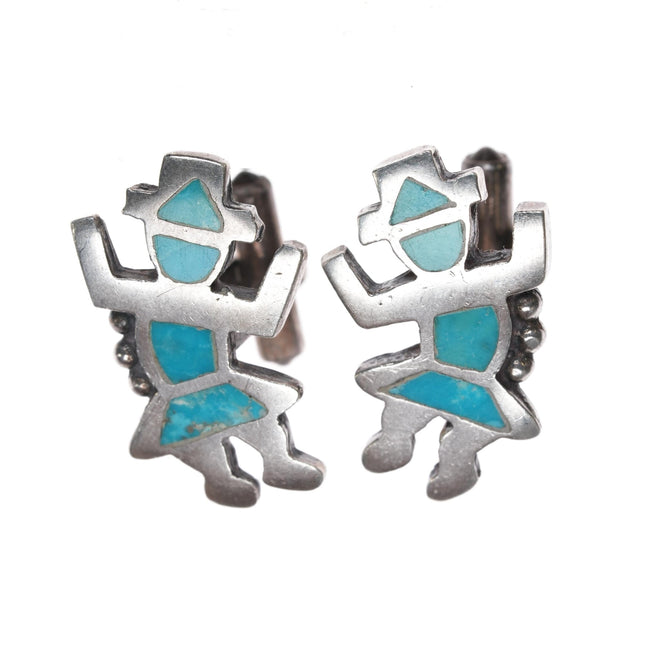 c1950 Zuni Rainbow Man sterling flush inlay turquoise cufflinks - Estate Fresh Austin