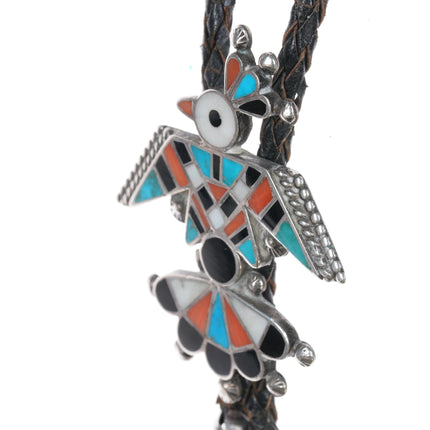 c1950 Zuni Thunderbird sterling channel inlay bolo tie with fancy tips - Estate Fresh Austin