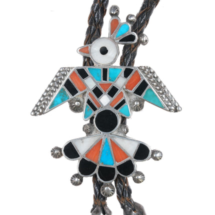 c1950 Zuni Thunderbird sterling channel inlay bolo tie with fancy tips - Estate Fresh Austin