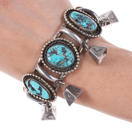 6.75" c1950's Navajo Silver and turquoise stamped bells bracelet - Estate Fresh Austin