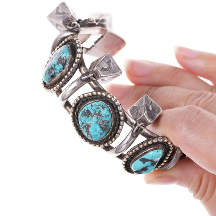 6.75" c1950's Navajo Silver and turquoise stamped bells bracelet - Estate Fresh Austin