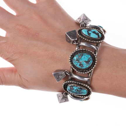 6.75" c1950's Navajo Silver and turquoise stamped bells bracelet - Estate Fresh Austin