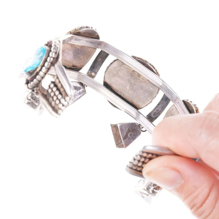 6.75" c1950's Navajo Silver and turquoise stamped bells bracelet - Estate Fresh Austin