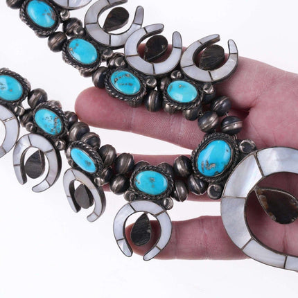 c1950's Zuni Shell Channel inlay and turquoise silver squash blossom necklace - Estate Fresh Austin