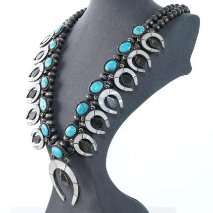 c1950's Zuni Shell Channel inlay and turquoise silver squash blossom necklace - Estate Fresh Austin
