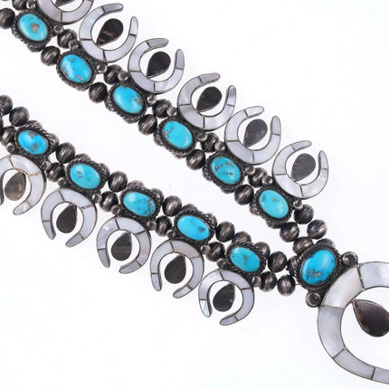 c1950's Zuni Shell Channel inlay and turquoise silver squash blossom necklace - Estate Fresh Austin