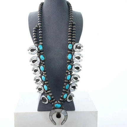 c1950's Zuni Shell Channel inlay and turquoise silver squash blossom necklace - Estate Fresh Austin