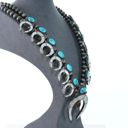 c1950's Zuni Shell Channel inlay and turquoise silver squash blossom necklace - Estate Fresh Austin