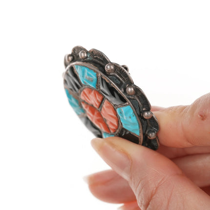 c1950's Zuni Silver carved turquoise, coral, and jet channel inlay pin - Estate Fresh Austin