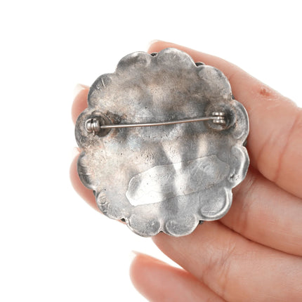 c1950's Zuni Silver carved turquoise, coral, and jet channel inlay pin - Estate Fresh Austin