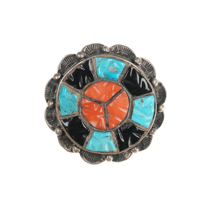 c1950's Zuni Silver carved turquoise, coral, and jet channel inlay pin - Estate Fresh Austin