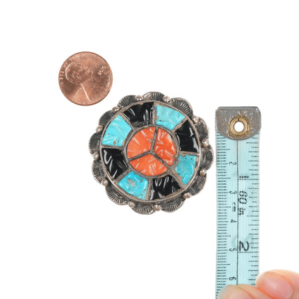 c1950's Zuni Silver carved turquoise, coral, and jet channel inlay pin - Estate Fresh Austin