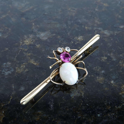 c1960 14K Ty Lee Hong Kong Opal/pink Sapphire Spider Brooch pin - Estate Fresh Austin